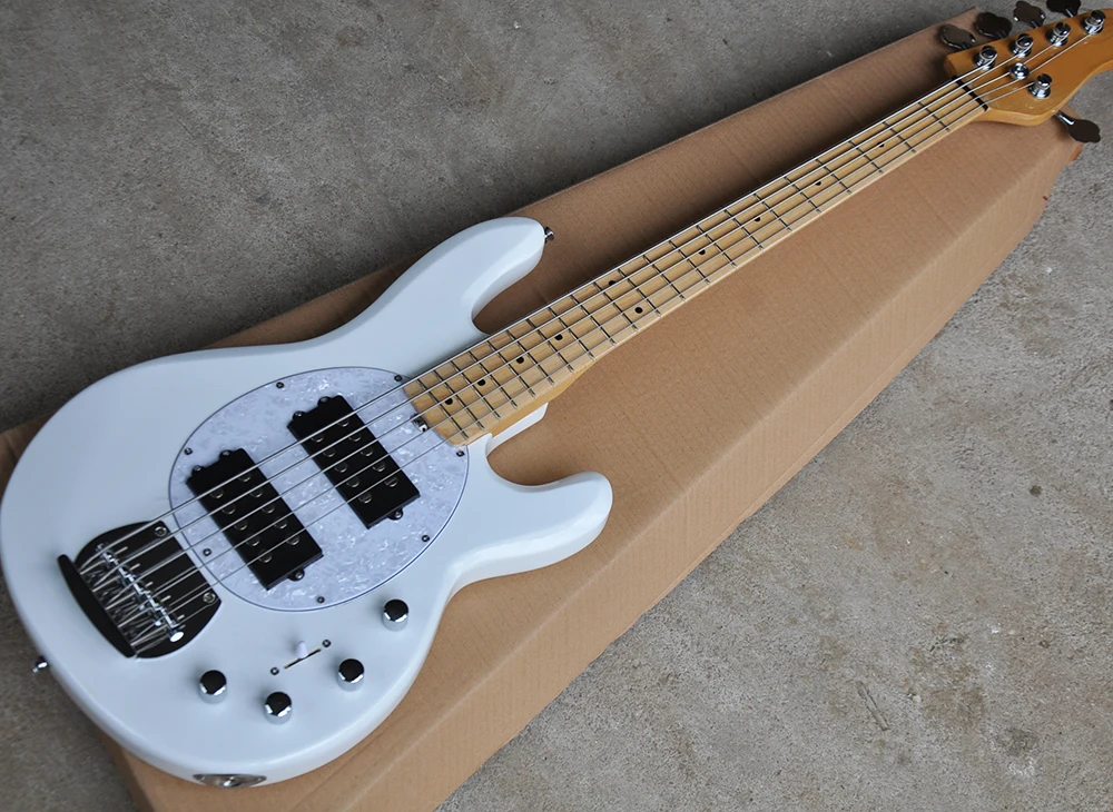 Factory wholesale5 strings white Music M electric bass guitar with active circuit,Rosewood