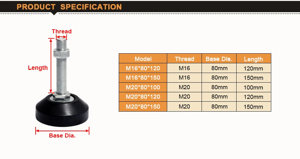 Резиновые ножки, базовая резьба M16/m20, регулируемые противоскользящие ножки, опоры, выравнивающие ноги, диаметр основания 80 мм