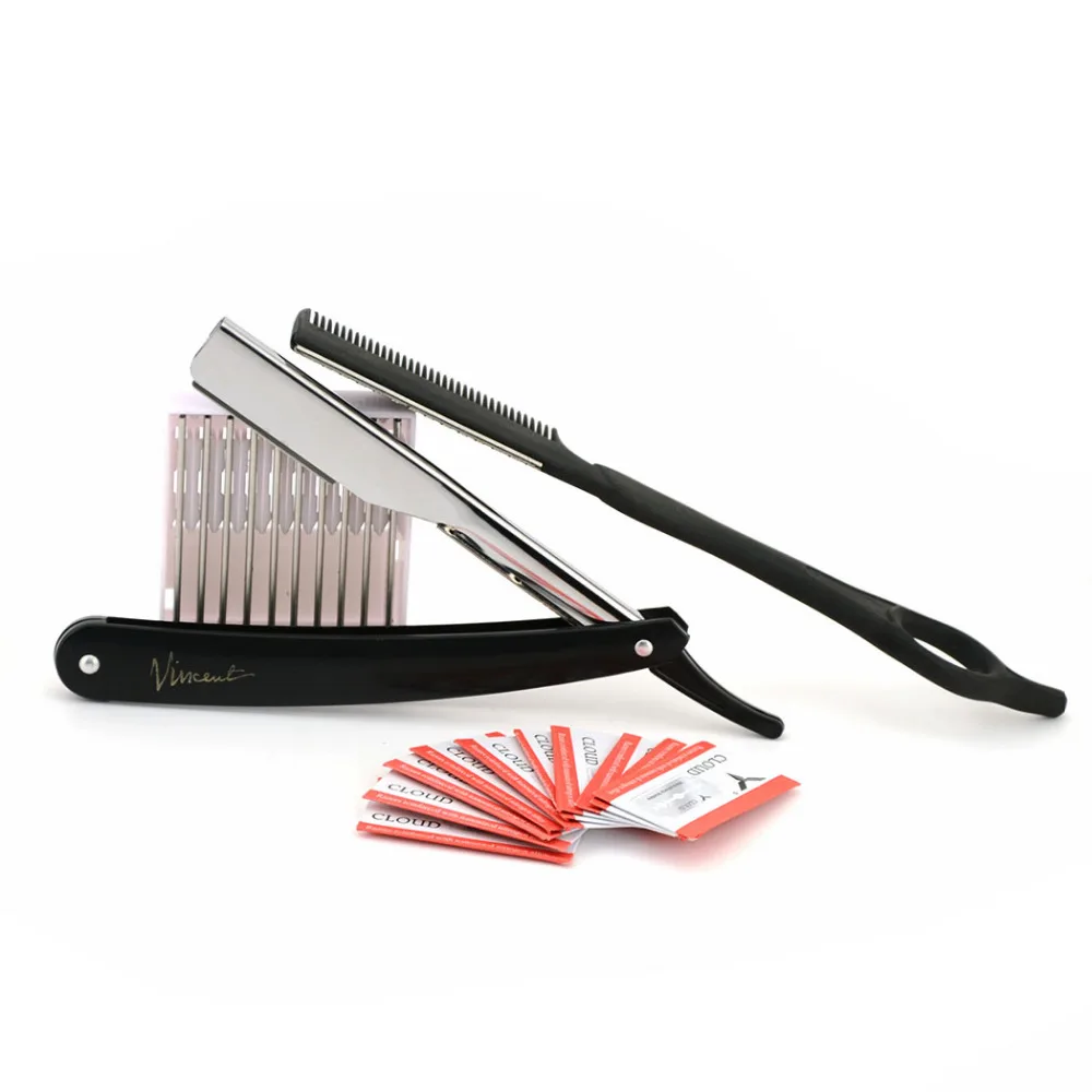 

ZY Barber Men Straight Edge Shaving Beard Razor + 2in1 Stylist Hair Cut Cutting Razor Hairdressing Comb Salon + 20 Blades