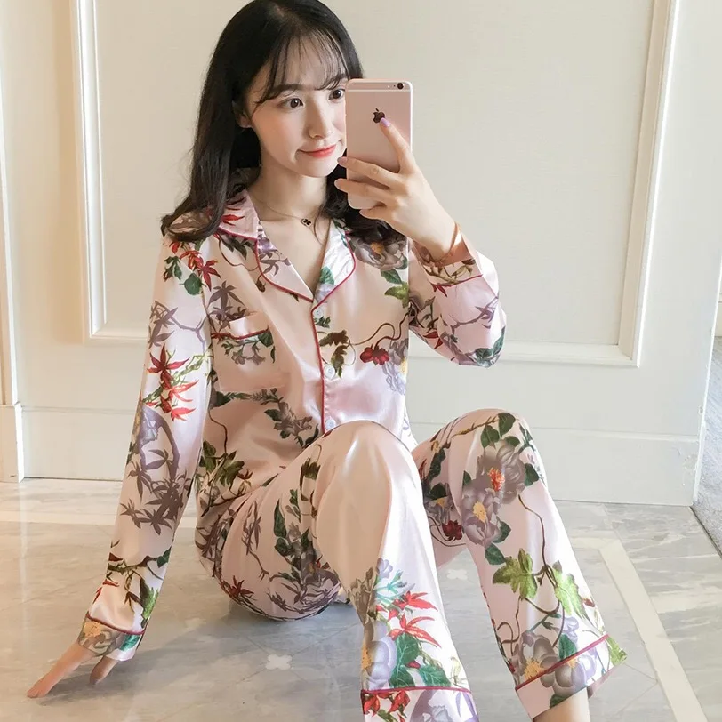

Women Pajamas Satin Sleepwear Pijama Home Wear Silk Pyjama Home Suit Flower Print Sweet Cute Home Clothing Sleep Lounge Plus
