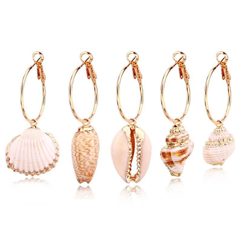 

1Pair Bohemian Gold Color Shell Pendant Hoop Earrings For Women Handmade White Conch Endless Circle Earrings Jewelry E385