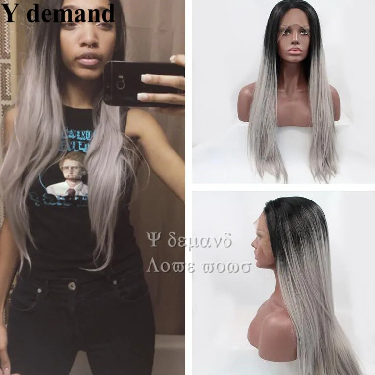 

High quality Ombre Two Tone Black/Grey straight wig with dark glueless synthetic lace front wigs heat resistant fiber in stock