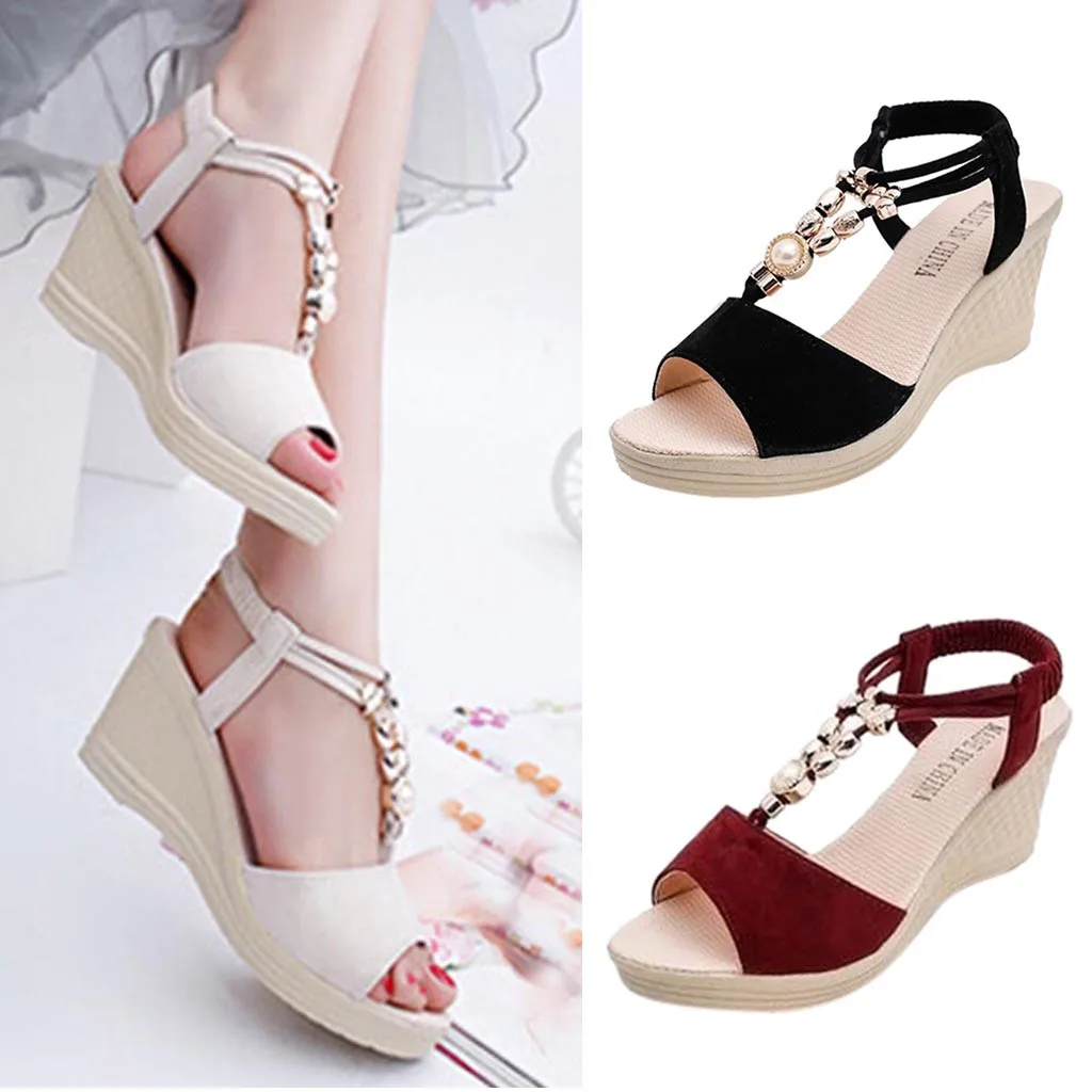 2019 Fashion Lady Women Sandals Pearl Sequins Wedges String Bead ...