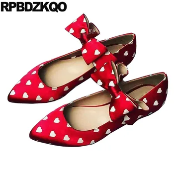 

2018 Cute Ballerina Bling Women Pink Glitter Sequin Mary Jane Heart Big Bow Pointed Toe Plaid Wedding Ballet Shoes Flats Red
