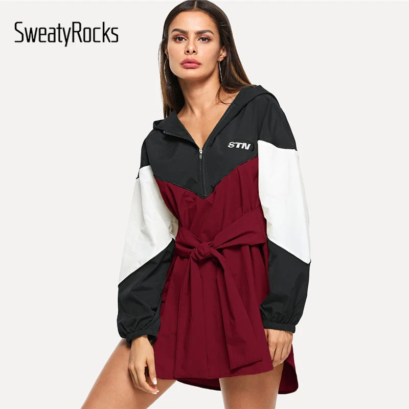 

SweatyRocks Letter Embroidered Color-Block Dress With Hood Half Placket Zip Up Belted 2018 Autumn Women Casual Mini Dresses