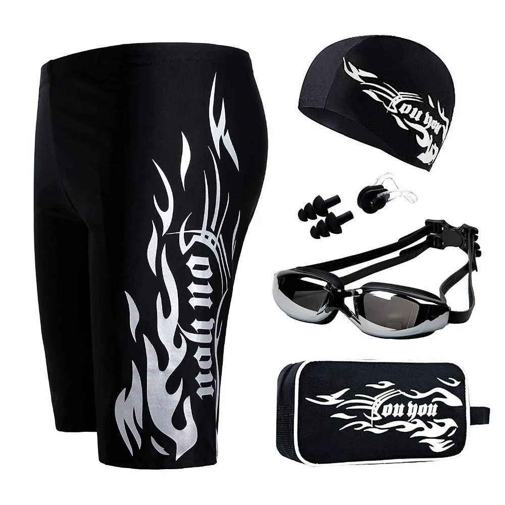 6 teile/satz Männer Bademode Schwimmen Shorts Badehose/Schwimmen Brille/Schwimmen Caps/Tasche/Ohr Stecker/ nase Pad Beachwear Tauchen Badeanzug Set