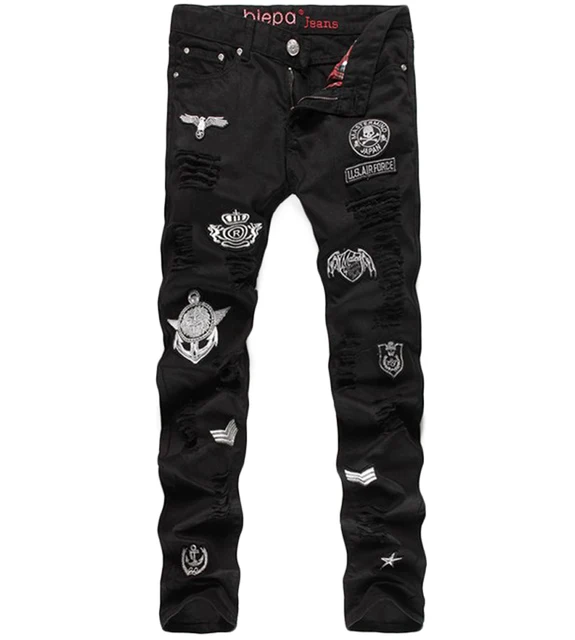 Casual Badge Skull Ripped Jeans Men Cotton Straight Black Skinny Jeans ...