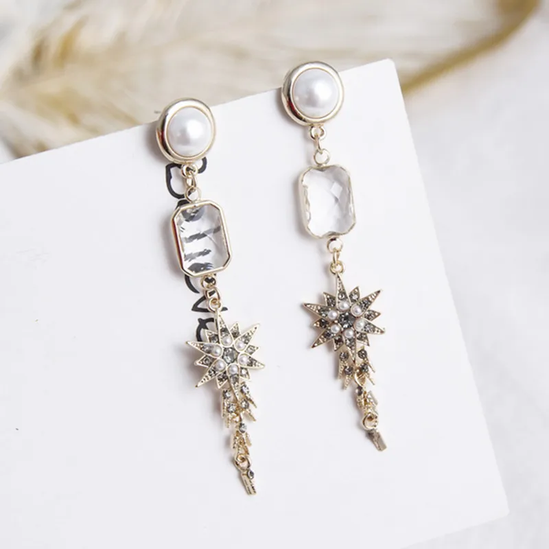 

New Vintage Square Crystal Long Rhinestone Pearl Star Earrings for Women European Fashion Party Statement Accessories 6A1019