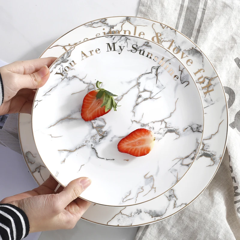 

8 inch 10 inch Gold Gilded stripe Ceramic Marble pattern porcelain plate Set Dinner Steak Dish Tray Couples Wedding Gift Tools