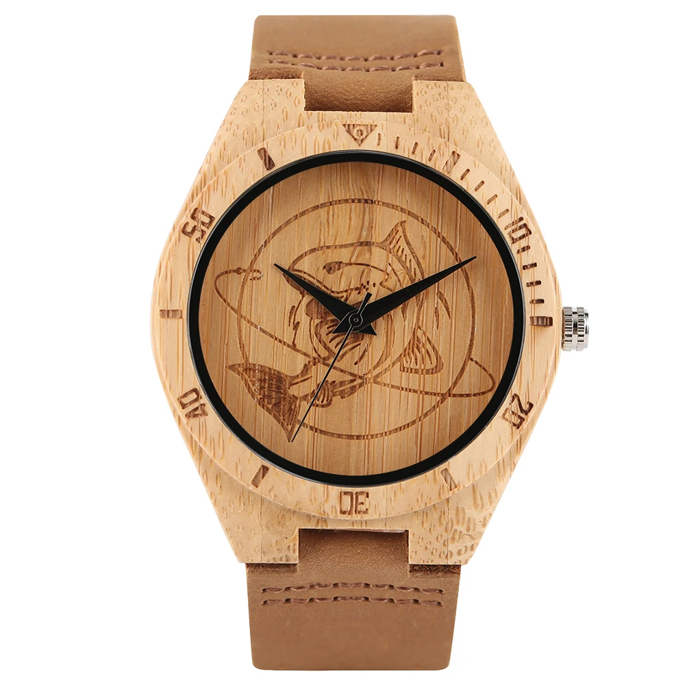 

Causal Shark Men Wooden Watches Simple Yellow Genuine Leather Band Strap Quartz Bamboo Wrsit Watch Women Tmber Clock Relogio