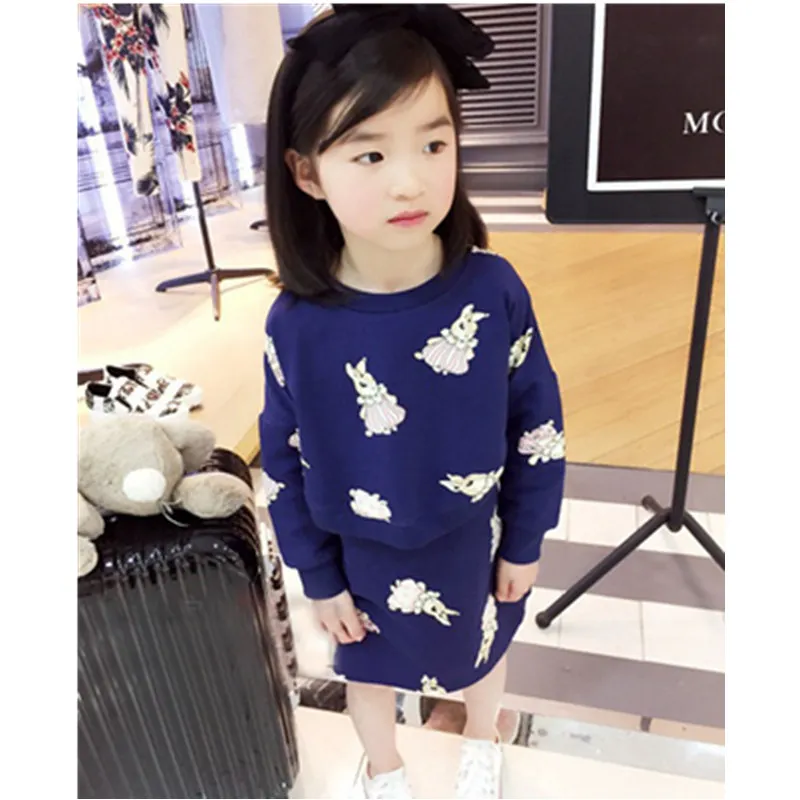 

Spring/Autumn Baby Girl Clothing Set Long Sleeve Rabbit Print Sweatshirt+Dress 2 Pcs Children Cloth Suit Kids Set X0979