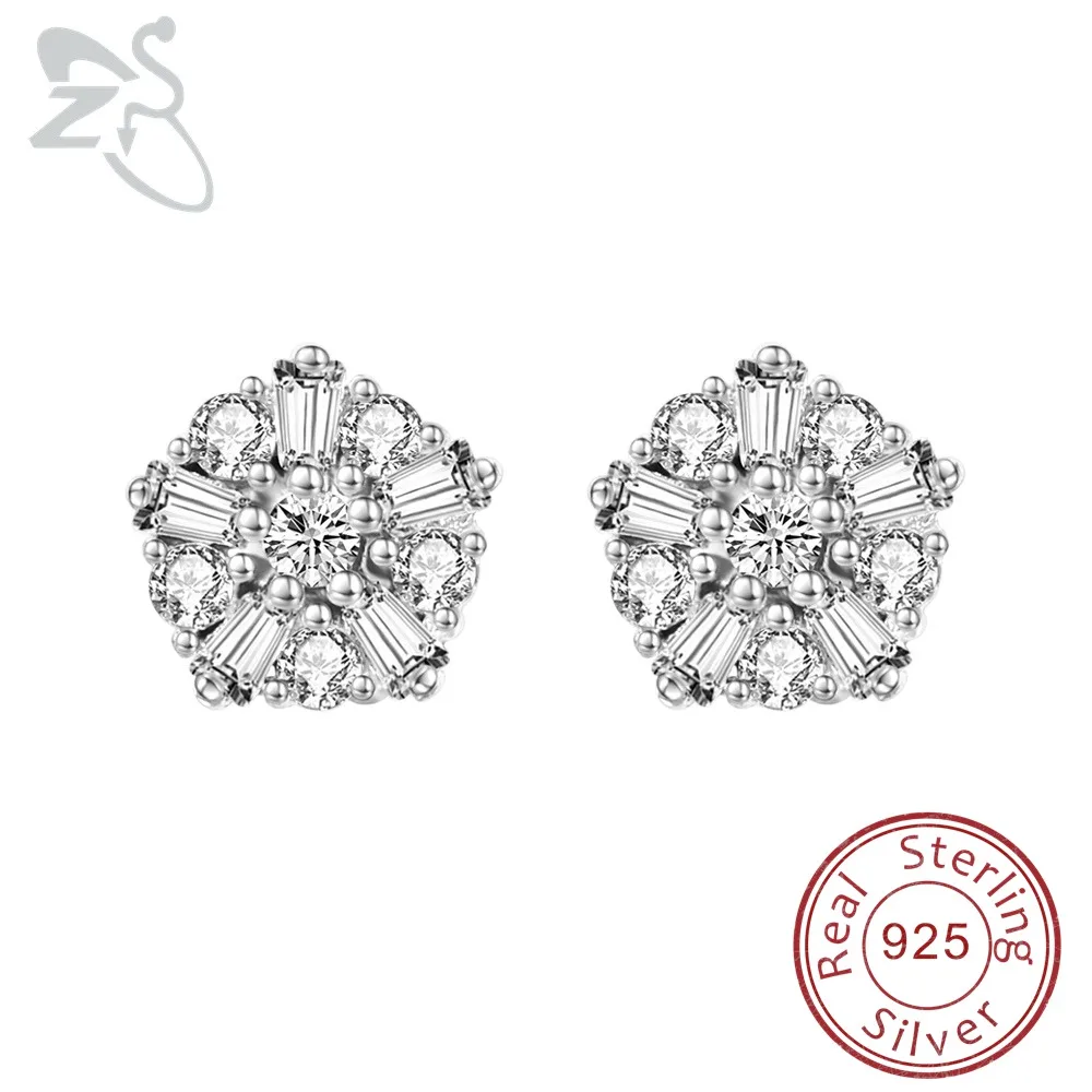 

ZS Flower Pentagons Earring Gems Zirconia Silver 925 Helix Earrings Crystal CZ Zircon Ear Studs Boucles D'oreilles Argent 925
