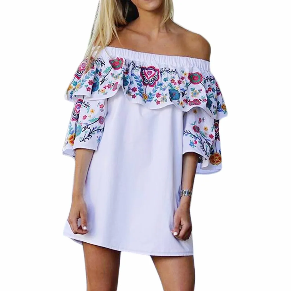 

Sexy Off Shoulder Dress Women Ruffle Slash Neck Half Sleeve Mini Dress 2018 Summer White Floral Print Chiffon Backless Vestidos