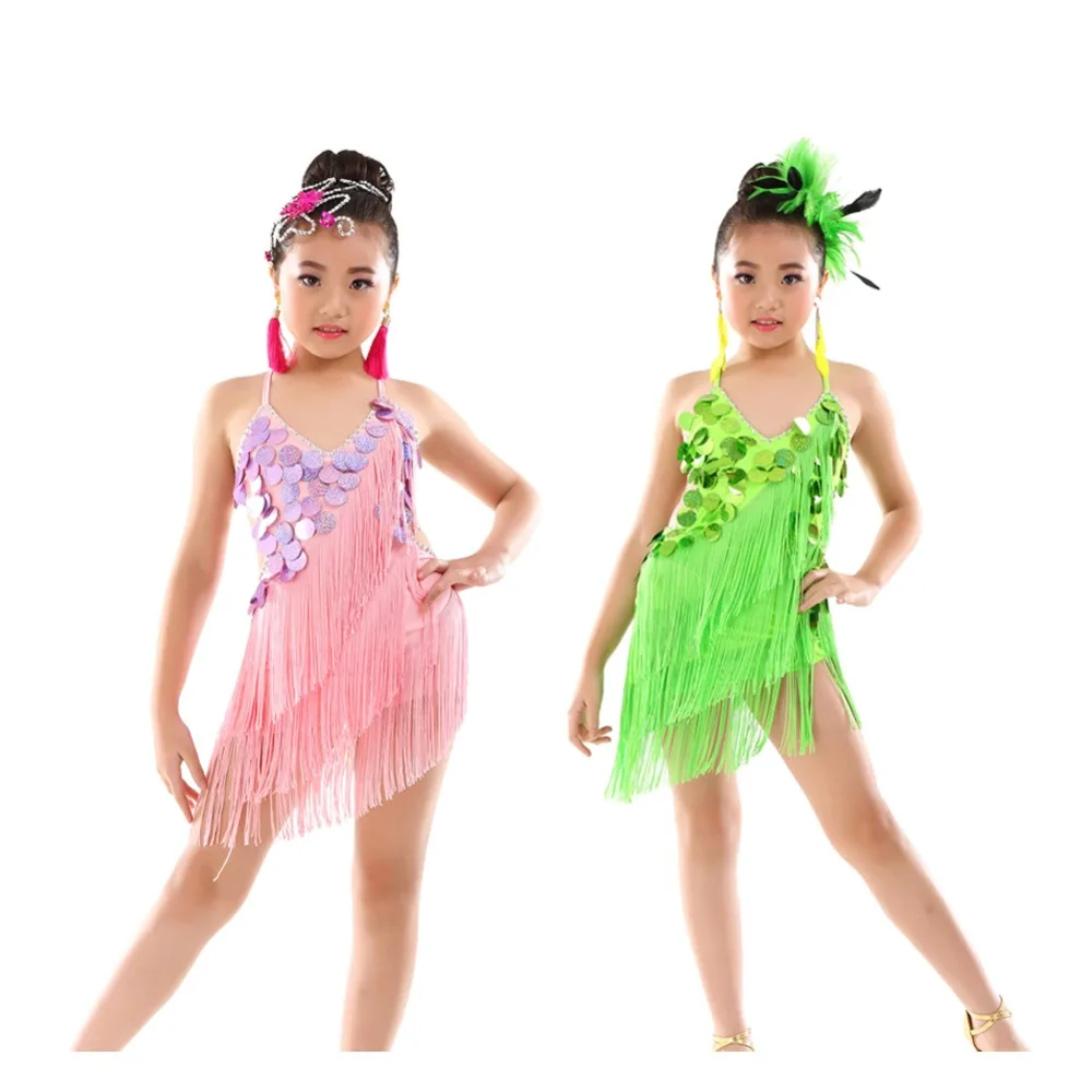 

Girls Sequin Sparkling Latin Rumba Salsa Dresses Triple Tassel Dance Costumes Age 5-9 Years