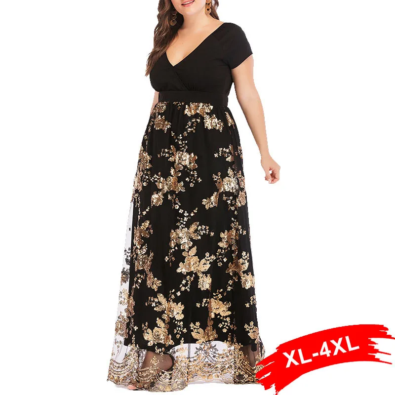 

Plus Size 4XL Sequined Floral Maxi Prom Women Dress Elegant Party Dresses Large Size 5XL V-Neck Sparkly Robe Vestiods