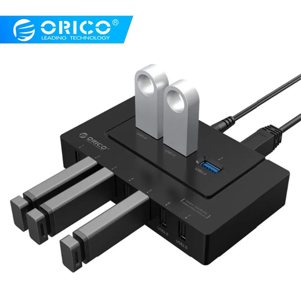 ORICO 10 портов usb-хаб с адаптером питания высокоскоростной USB 2,0 3,0 сплиттер адаптер для ПК ноутбук-черный H9910-U3