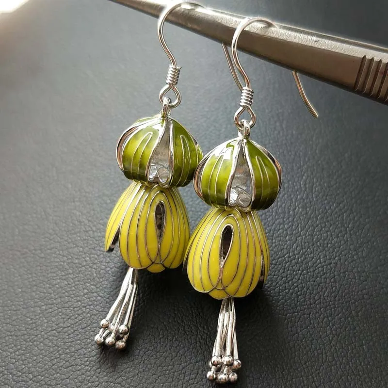 

FLZB , Big long earrings 100% natural 925 sterling silver with charming enamels beautiful flower earrings for girl