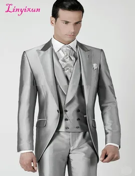 

Linyixun Mens Wedding Suits 2018 Silver Prom Groom Tuxedos Jacket+Pants+Vest Custom Made Wedding Suits For Men Groomsmen Suits