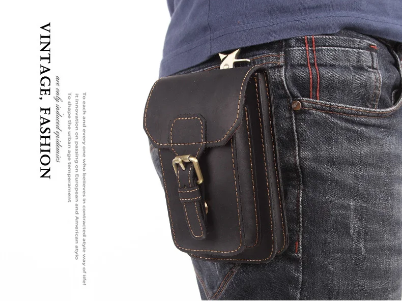 MISFITS Crazy Horse Genuine Leather Waist Packs Men Casual Small Fanny Pack Belt Loops Hip Bum Bag Waist Bag Phone Pouch Purses