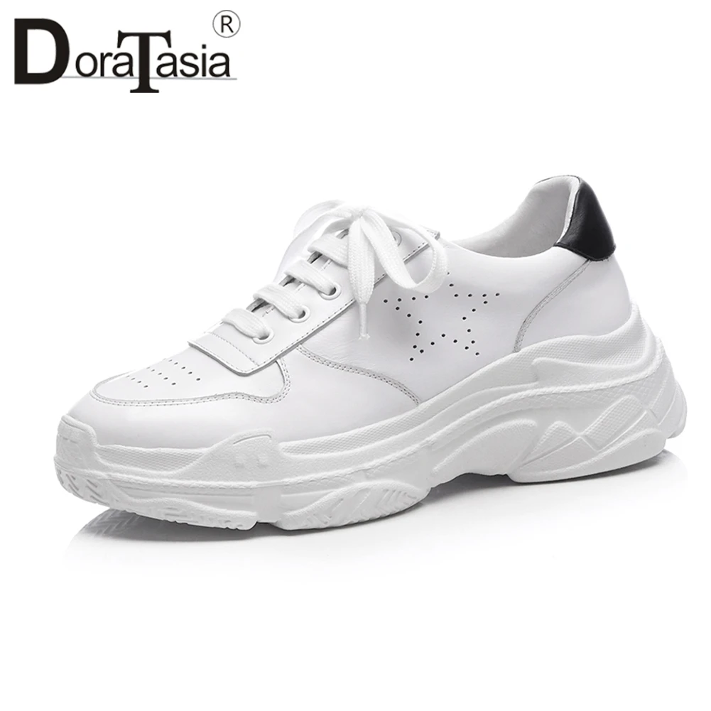 

DORATASIA 2018 Autumn New Genuine Leather White Sneakers Women Platform lace-up Dady Shoes Casual Girl School Footwear