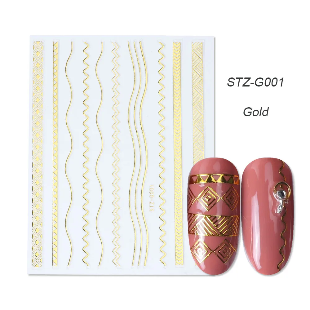 STZ-G001 Gold 1 шт золотые Серебристые 3D наклейки для ногтей прямые изогнутые вкладыши полосы ленты обертывания геометрический дизайн ногтей украшения BESTZG001-013 - Цвет: STZ-G001 Gold