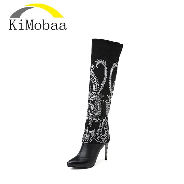 Women's Embroidery High-Heel Cow Suede Leather Boots Women's Embroidery High-Heel Cow Suede Leather Boots