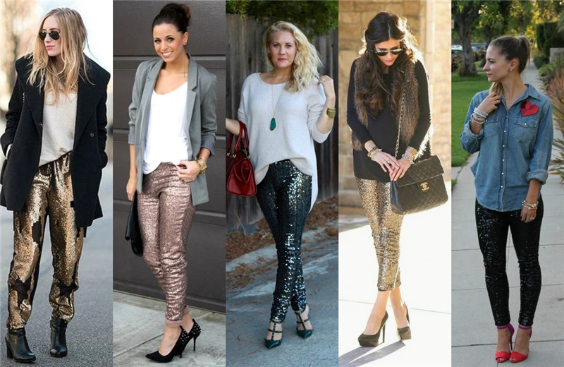 NewAsia/шикарные женские брюки с высокой талией и блестками, женские узкие брюки-карандаш, серебристые Блестящие Брюки с металлическим блеском, новинка