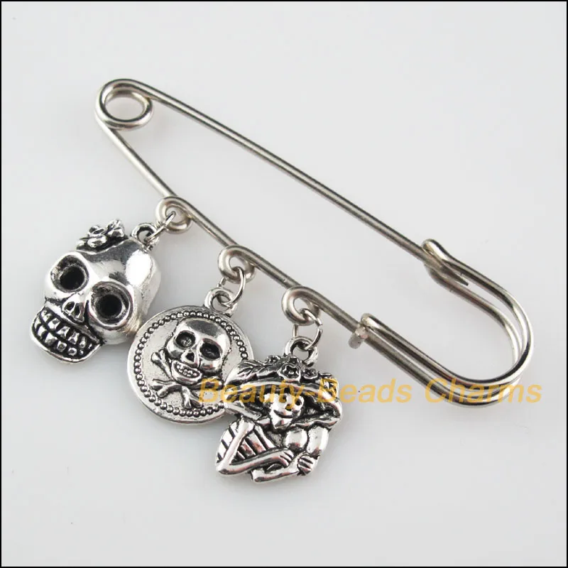 

1 Handmade Halloween Skull Charms Safety Pin Brooch Tibetan Silver Tone