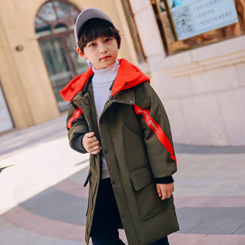 

XYF8803 Winter 100% White Duck Down Coat Child Solid color Keep Warm Jacket Thick Hooded Girls Long Outerwear Boys Windbreaker