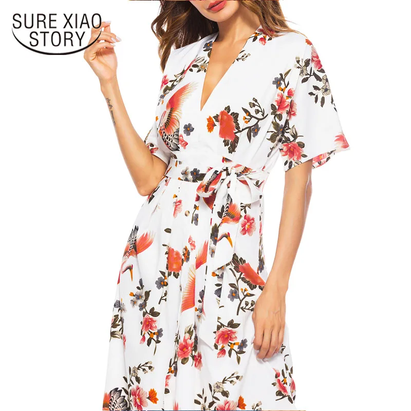 

dress women 2019 elegant white dress Print Short Bow A-Line V-Neck Office Lady dresses sexy Mid-Calf shirt dress 2950 50