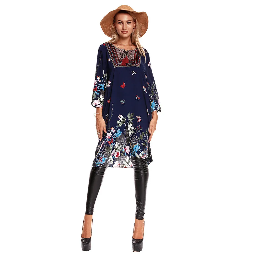 

KANCOOLD dress Flower Print Flowy Boho Three Quarter Length Sleeve A Line Casual Fall dress silk linen dress girl nov21
