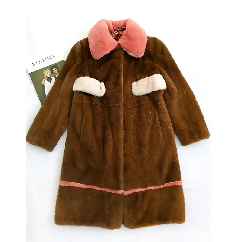 CAMEL Fang Tai Fur2019 импортное бархатное Норковое Пальто с отложным воротником и карманом в стиле пэчворк, тонкая норковая шуба, женские длинные шубы из натуральной норки - Цвет: CAMEL