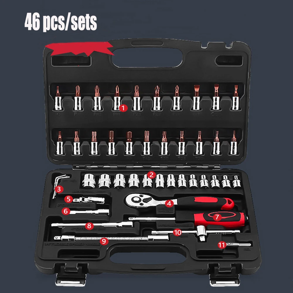 

46 pcs/sets Socket Wrench Tool Set Auto Repair Mixed Tool Combination Package Hand Tool Kit