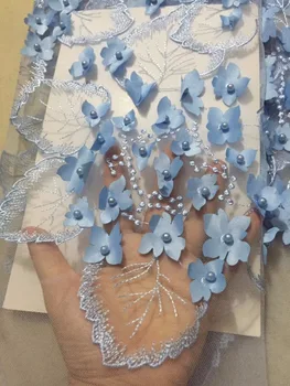 

French Lace Fabric Sky Blue Nigerian Lace Fabrics High Quality African Lace Fabric With beads for women wedding party dress