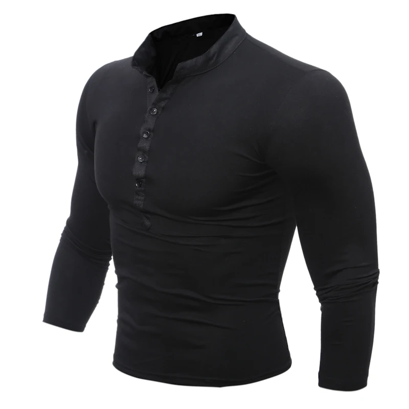 Men Clothing Henley T Shirt Long Sleeve 2018 Male Casual Compression Tight Clothes Breathable Stand Collar Top Tees with Button