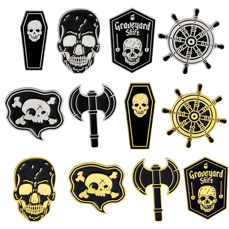 

Skull Brooch Pins Black Round Enamel Pins Badge Pirate Nautical Compass Axe Cowboy Badge Jewelry