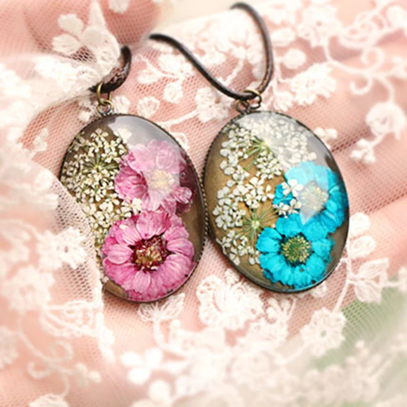 Hand Stamped DIY Handmade Natural Dried Flowers Pendants Necklaces