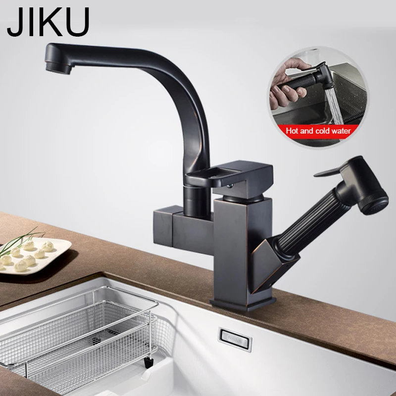 

JIKU Black Classic Basin Faucets Brass Electroplate Swivel Basin Faucet Pull Out Single Handle Hole Mixer Water Taps