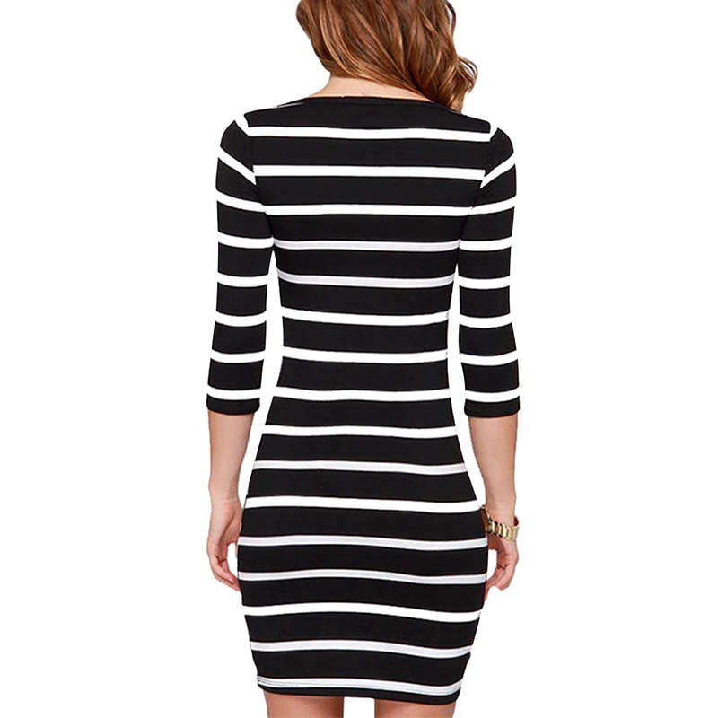 Dower Me New Spring Autumn Women O Neck Fashion Black and White Striped Long Sleeve Plus Size Casual Slim Bandage Bodycon Dress (4)