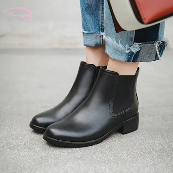 

European street style round toe genuine leather ankle boots fashion elastic black medium heel thick motorcycle boots women shoes