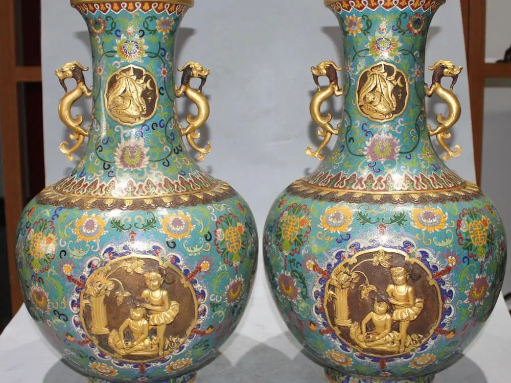

18"Marked Chinese Cloisonne Enamel 24K Gold Dragon Beast PiXiu Vase Bottle Pair