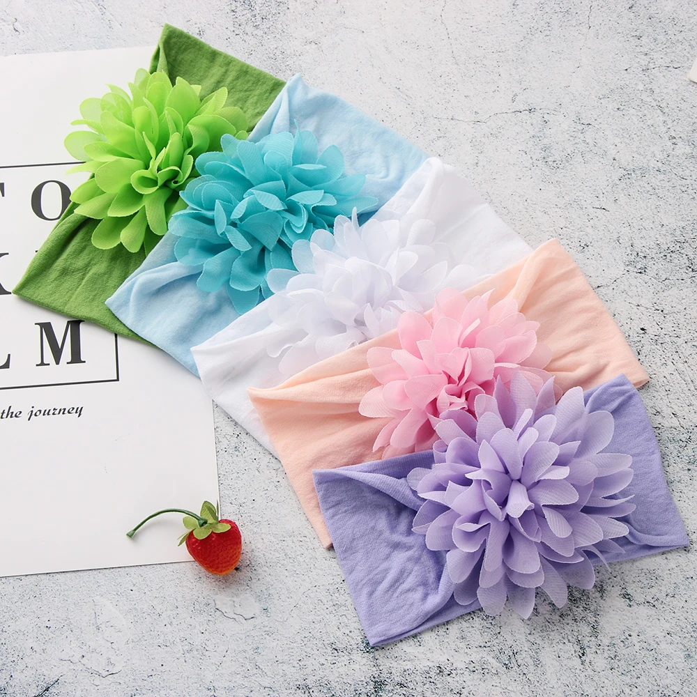 

2019 New Fashion Newborn Baby Girls Elastic Nylon Turban Soft Bowknot Headband Lotus leaf Flower Head Wraps Hair Accessories