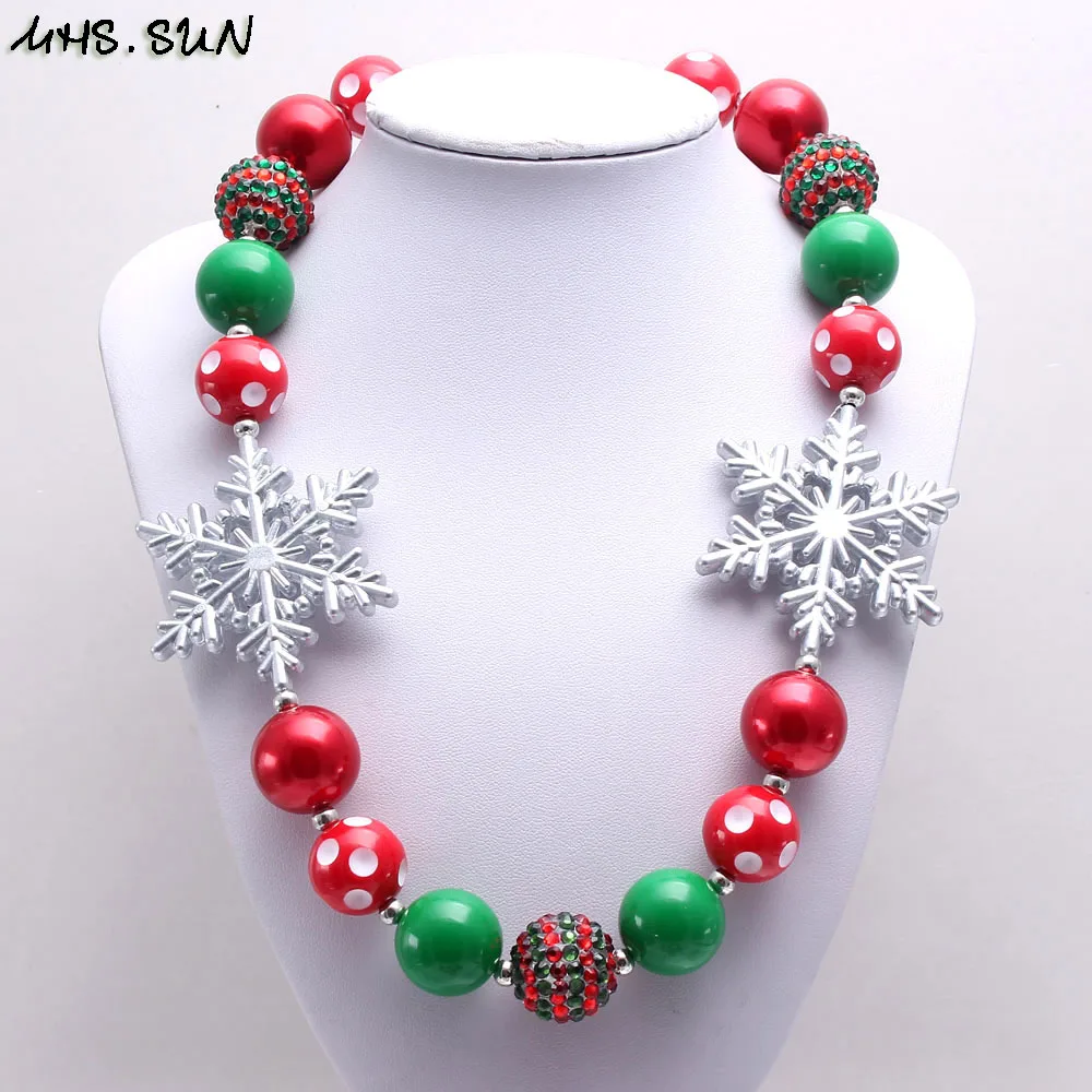 MHS. SUN, детское рождественское массивное ожерелье из бусин для девочек, Модное детское красное/зеленое ожерелье из бусин-жевательной резинки со снежинками, массивное ожерелье, ювелирное изделие