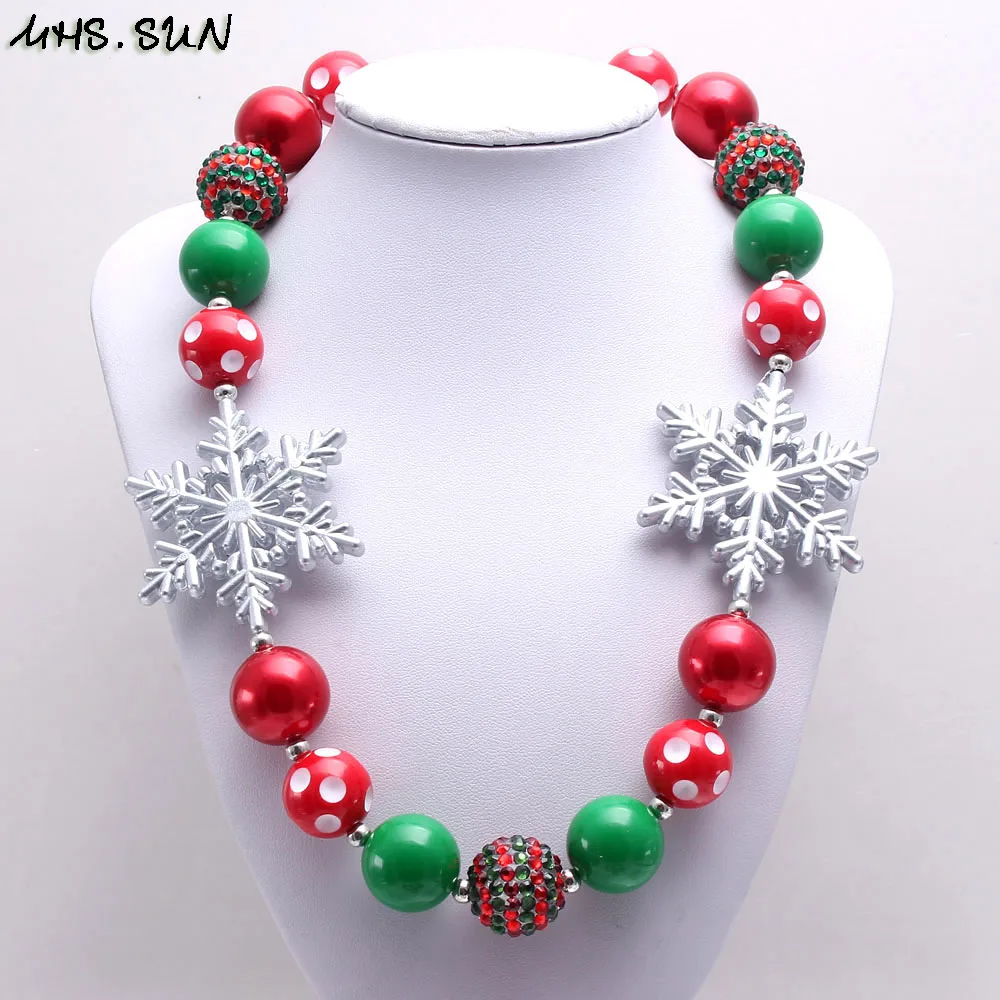 605-1 (4)$5.85-1PC-100g.Kids Girls Christmas Chunky Beads Necklace Fashion Snowflake Children RedGreen Bubblegum Beads Chunky Necklace Jewelry