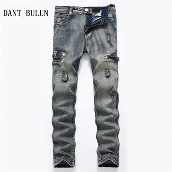

Mens Jeans Retro Washed Ripped Biker Jeans Slim Fit Multi Color Hip Hop Zipper Denim Pants Plus Size Trousers