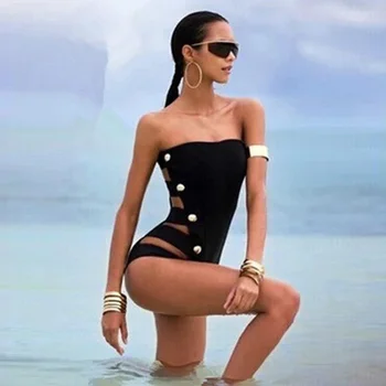

2017 Sexy Off the Shoulder One Piece Swimsuit Bandage Swimwear Women Multi-Button Monokini Bodysuit Bathing Suit Swim Wear Black
