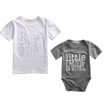 

New Fashion Big Sister T-shirt Little Brother Romper Short Sleeve Letter Print Cotton Tops Family Match Clothes