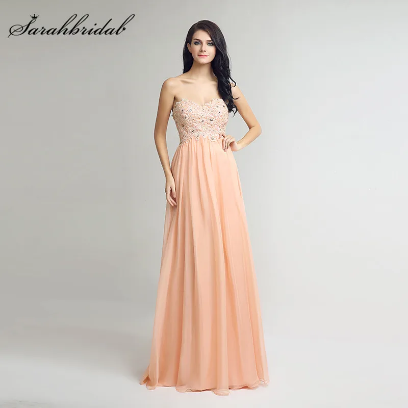 

Long Lace Evening Gowns Peach Chiffon Simple Sweetheart Floor Length Beaded Prom Party Dresses Zipper Back Hot Robe LX251