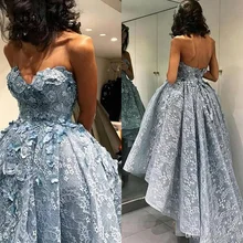 3d Flower Lace Puffy High Low Ball Gown Arabic Formal Evening Dress 2017 Formal Dresses Vestidos De Fiesta Hijab Evening Dresses