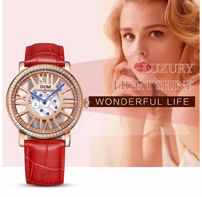 DOM люксовый бренд часы водонепроницаемый стиль кожа Золотой Скелет кварцевые часы для женщин G-1031